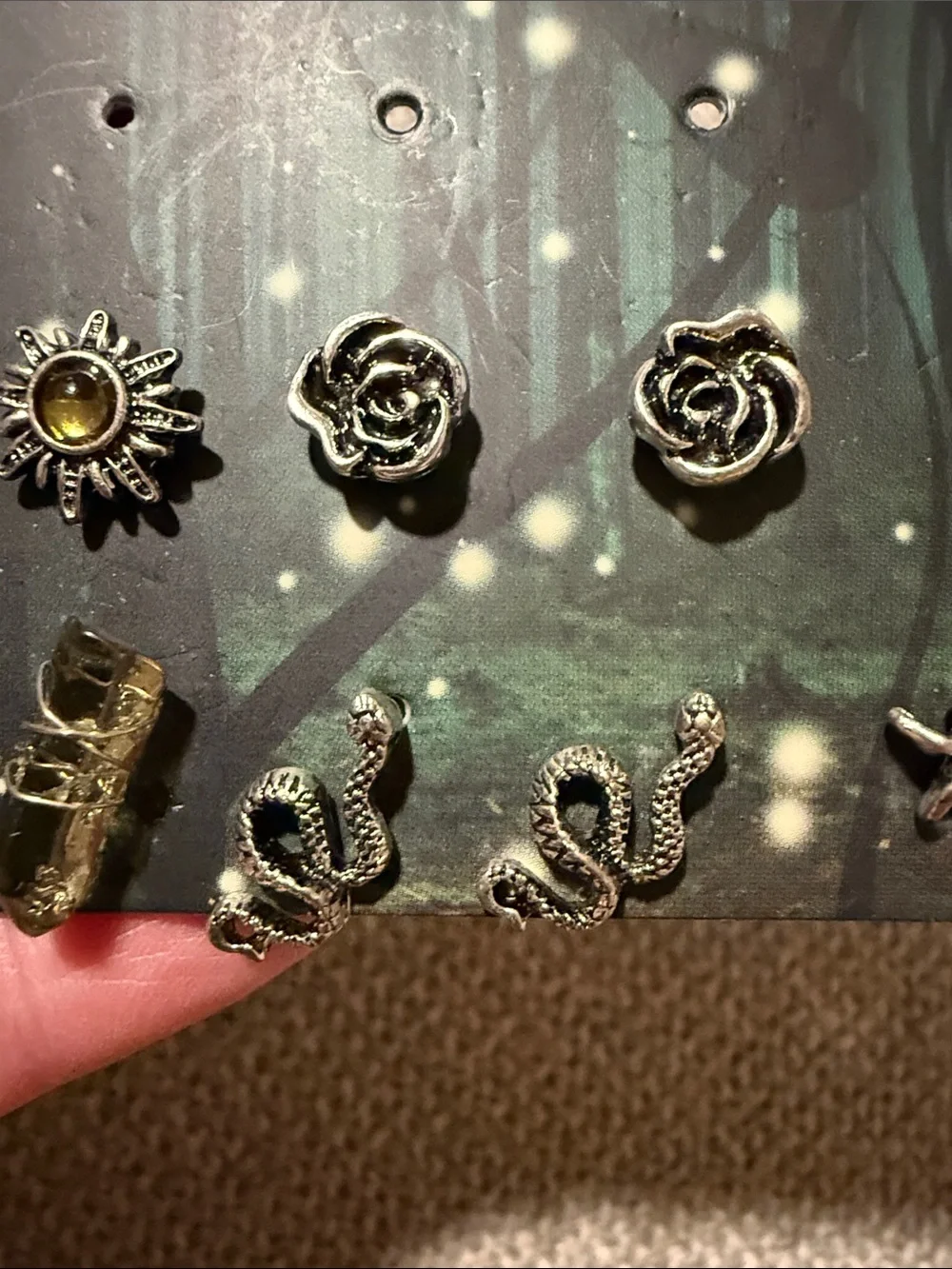 Thorn & Fable Silver Tone Earring Set with Olive Accents 5 pair